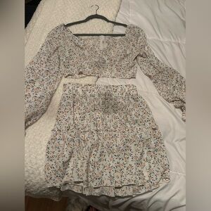 SHEIN Cream Floral Puff Sleeve Top with Blue & Orange Blooms